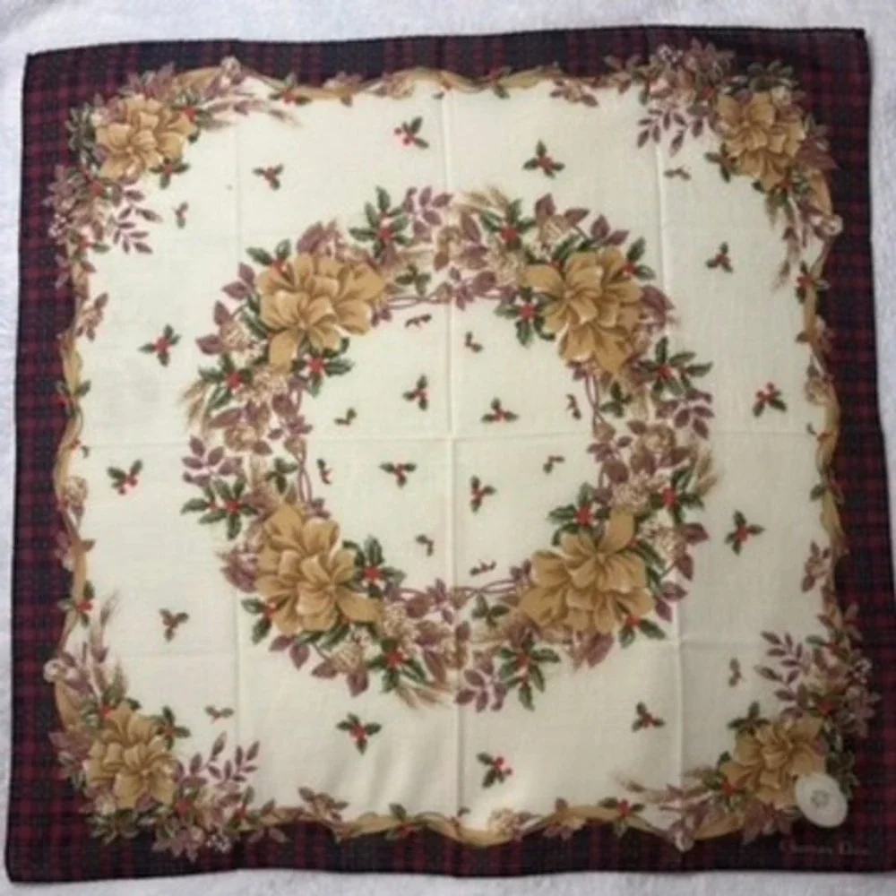 Vtg CHRISTIAN DIOR Scarf Handkerchief Floral Plaid Red Cream 18.5